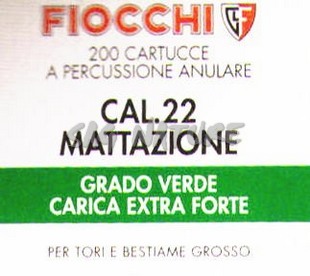 0501026 - CARTUCCE 22 A MATTAZIONE - GRADO VERDE - EXTRA FORTE - CF. 200 PZ - FIOCCHI