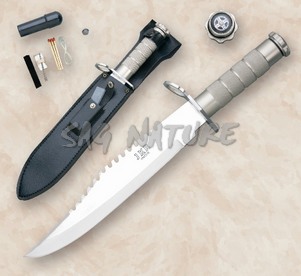 1203006 - COLTELLO MODELLO RAMBO CON KIT SOPRAVVIVENZA NEL MANICO + BUSSOLA LAMA 25 CM - JKR334