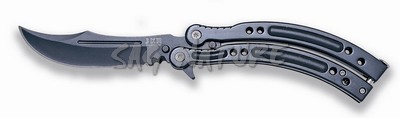 1203229 - COLTELLO BUTTERFLY COLORE NERO LAMA E MANICO CURVI APERTURA A SCATTO C/PRESSIONE DEL PUGNO LAMA 10 CM COMPLETO DI FODERO NYLON - JKR537