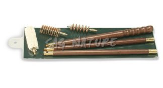 1301144 - KIT PULIZIA FUCILE IN BUSTA PLASTICA C/BACCHET. LEGNO VERNIC SCURO A 3 PZ TIPO INGL. SCOV. PURA LANA GREZZA , SETOLA, BRONZO SPAZ. C/FILETTAT. INGLESE