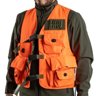 1709028 - GILET TECNICO ARANCIO PER CINGHIALAI O BECCACCIAI CON 6 TASCHE IMPERMEABILI, REGOLAZIONE ANTERIORI E LATERALI,ZAINO CHIUDIBILE SULLA SCHIENA