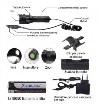 0801023 - TORCIA-LAMPADA CON AMPIEZZA FASCIO DI LUCE REGOLABILE COMPLETA DI BATTERIA RICARC./CONTROLLO REMOTO/CARICABAT./ATTACCO FUCILE - LOWCOSTLAMP