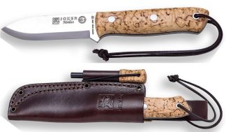 1201041 - COLTELLO BUSHCRAFT PER SOPRAVVIVENZA BS9 NORDIC ACCIAIO SANDVIK 14C28N MANICO BETULLA RICCIA LAMA 10,5 CM PESO 160 GR - CON FODERO PELLE CON ACCIARINO - JOKER CL115-P