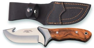 1201063 - COLTELLO CON SCUOIATORE MANICO OLIVO E VIROLA ACCIAIO LAMA 10 CM PESO 244 GR - COMPLETO DI FODERO IN PELLE - JOKER CO05
