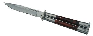 1203015 - COLTELLO BUTTERFLY CON MANICO LEGNO LAMA 10 CM SEGHETTATA - JKR145
