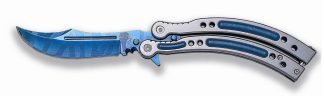 1203231 - COLTELLO BUTTERFLY COLORE BLU CON LAMA E MANICO CURVI APERTURA C/PRESSIONE DEL PUGNO LAMA 10 CM COMPLETO DI FODERO NYLON - JKR539