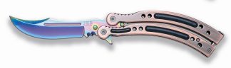 1203232 - COLTELLO BUTTERFLY COLORE ARCOBALENO CON LAMA E MANICO CURVI APERTURA C/PRESSIONE DEL PUGNO LAMA 10 CM COMPLETO DI FODERO NYLON - JKR540