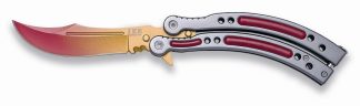 1203233 - COLTELLO BUTTERFLY COLORE NERO/ROSSO CON LAMA E MANICO CURVI APERTURA C/PRESSIONE DEL PUGNO LAMA 10 CM COMPLETO DI FODERO NYLON - JKR541