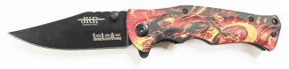 1203246 - COLTELLO PIEGHEVOLE ASSISTITO A MOLLA CON MANICO IN ALLUMINIO E MOTIVI GHOST BIKER LAMA 8,5 CM - JKR666
