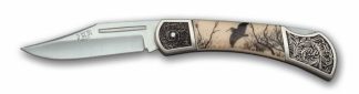 1203075 - COLTELLO TASCABILE CON MANICO BIANCO DECORATO BECCACCIA TESTINA INOX LAMA 8 CM - JKR299