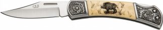 1203076 - COLTELLO TASCABILE CON MANICO BIANCO DECORATO CINGHIALE TESTINA INOX LAMA 8 CM - JKR114