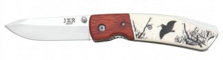 1203114 - COLTELLO TASCABILE CON MANICO BIANCO DECORATO BECCACCIA TESTINA INOX LAMA 7,5 CM - JKR367