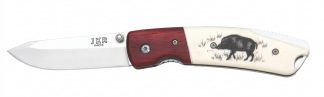 1203115 - COLTELLO TASCABILE CON MANICO BIANCO DECORATO CINGHIALE TESTINA INOX LAMA 7,5 CM - JKR368