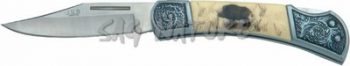 1203089 - COLTELLO TASCABILE CON MANICO BIANCO DECORATO CON CINGHIALE - TESTINA INOX LAMA 7 CM - JKR112