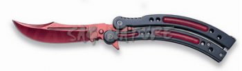 1203230 - COLTELLO BUTTERFLY COLORE NERO/ROSSO CON LAMA E MANICO CURVI - APERTURA C/PRESSIONE DEL PUGNO LAMA 10 CM COMPLETO DI FODERO NYLON - JKR538