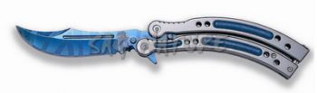 1203231 - COLTELLO BUTTERFLY COLORE BLU CON LAMA E MANICO CURVI  APERTURA C/PRESSIONE DEL PUGNO LAMA 10 CM COMPLETO DI FODERO NYLON - JKR539