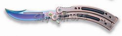 1203232 - COLTELLO BUTTERFLY COLORE ARCOBALENO CON LAMA E MANICO CURVI APERTURA C/PRESSIONE DEL PUGNO LAMA 10 CM COMPLETO DI FODERO NYLON - JKR540