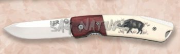 1203115 - COLTELLO TASCABILE CON MANICO BIANCO DECORATO CINGHIALE TESTINA INOX LAMA 7,5 CM - JKR368