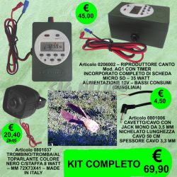 0206007 - KIT QUAGLIAIA (QUAGLIA) RIPRODUTTORE CANTO  AG1 CON TIMER INCORPORATO  CON SCHEDA MICRO SD - 35 WATT + ALTOPARLANTE 0801037 + JACK 0801006 (BASSO CONSUMO)