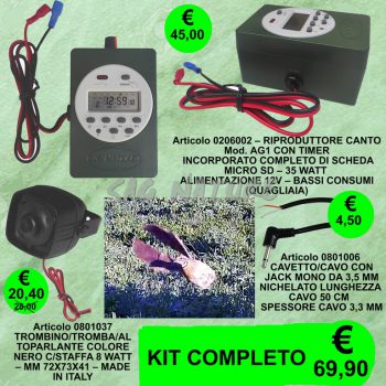0206007 - KIT QUAGLIAIA (QUAGLIA) RIPRODUTTORE CANTO  AG1 CON TIMER INCORPORATO  CON SCHEDA MICRO SD - 35 WATT + ALTOPARLANTE 0801037 + JACK 0801006 (BASSO CONSUMO)