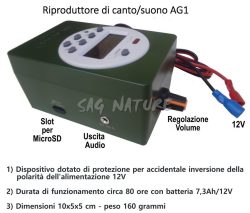 0206002 - RIPRODUTTORE CANTO Mod. AG1 CON TIMER INCORPORATO COMPLETO DI SCHEDA MICRO SD - 35 WATT - ALIMENTAZIONE 12V - BASSI CONSUMI (QUAGLIAIA)