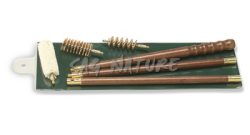 1301144 - KIT PULIZIA FUCILE IN BUSTA PLASTICA C/BACCHET. LEGNO VERNIC SCURO A 3 PZ TIPO INGL. SCOV. PURA LANA GREZZA , SETOLA, BRONZO SPAZ. C/FILETTAT. INGLESE