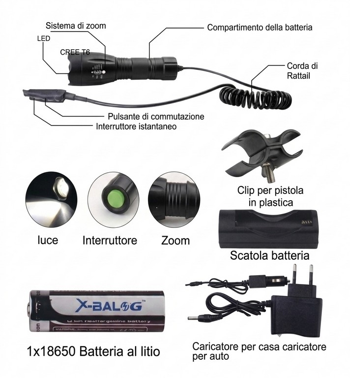 0801023 - TORCIA-LAMPADA CON AMPIEZZA FASCIO DI LUCE REGOLABILE COMPLETA DI BATTERIA RICARC./CONTROLLO REMOTO/CARICABAT./ATTACCO FUCILE - LOWCOSTLAMP