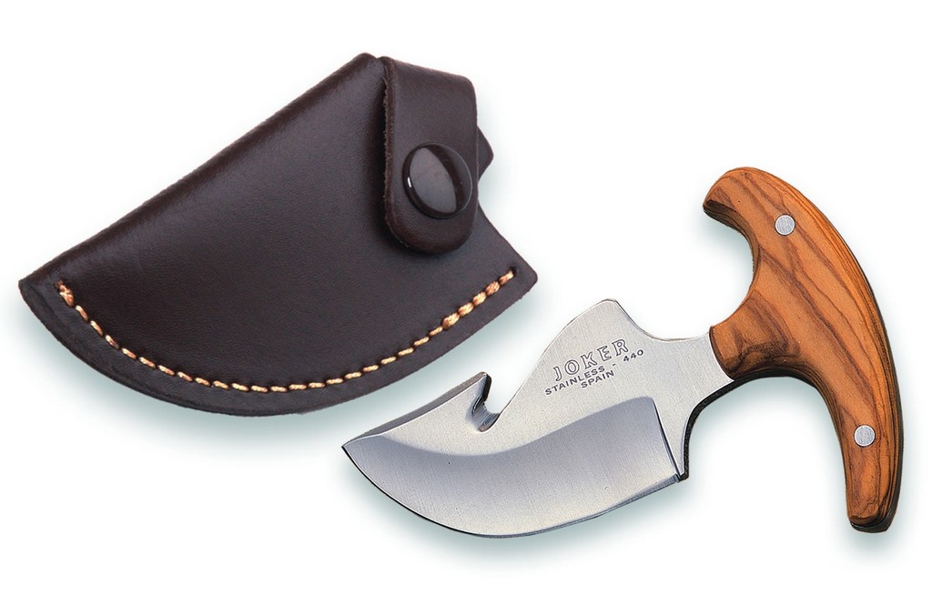 1201067 - COLTELLO CON SCUOIATORE CON MANICO OLIVO LAMA 8 CM ACCIAIO 440 PESO 100 GR - COMPLETO DI FODERO - JOKER CO11