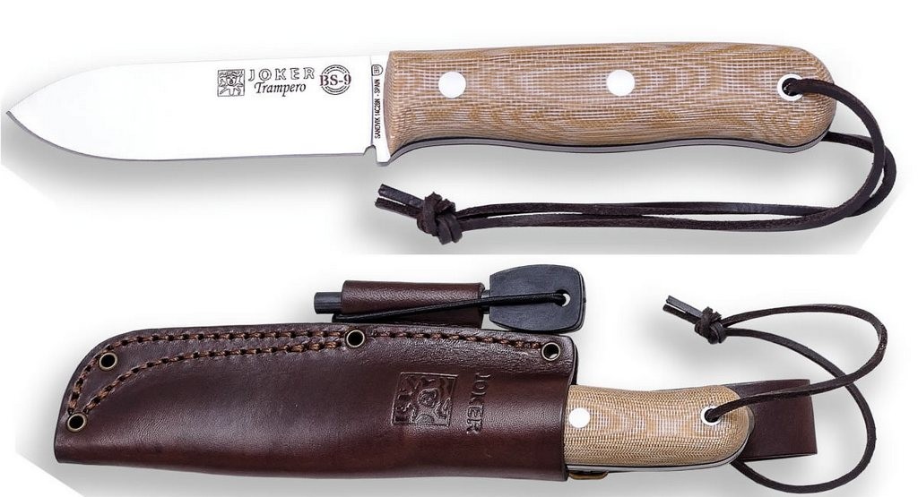 1201107 - COLTELLO BUSHCRAFT E CACCIA JBS9 TRAMPERO ACCIAIO SANDVIK 14C28N MANICO MICARTA LAMA 10 CM PESO 185 GR - COMPLETO DI FODERO PELLE CON ACCIARINO - JOKER CM113-P