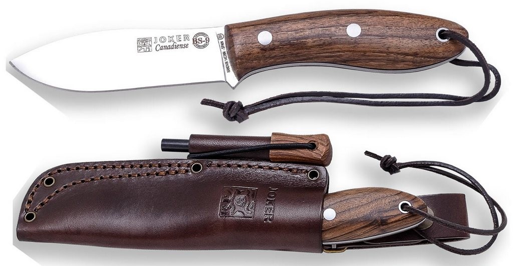 1201259 - COLTELLO BUSHCRAFT E GIOCATORE BS9 CANADESE ACCIAIO SANDVIK 14C28N MANICO NOCE LAMA 10,5 CM PESO 180 GR - COMPLETO DI FODERO PELLE CON ACCIARINO - JOKER CN114-P
