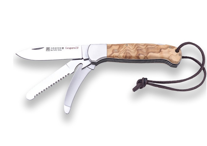 1201524 - COLTELLO MULTIUSO CANGURO IV CON MANICO IN OLIVO E VIROLA IN ACCIAIO LAMA 8,5 CM PESO 175 GR - JOKER NO128