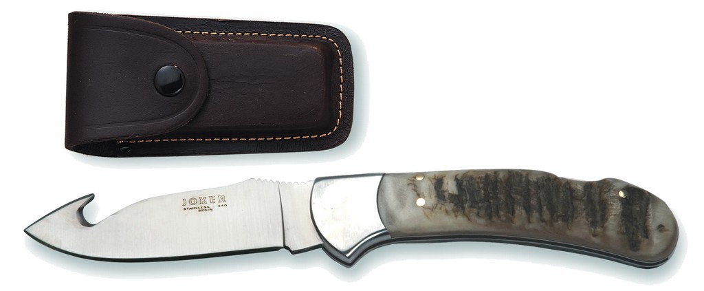 1201810 - COLTELLO CON SCUOIATORE CON MANICO IN CORNO DI CERVO LAMA 9 CM PESO 135 GR - COMPLETO DI FODERO - JOKER NK50