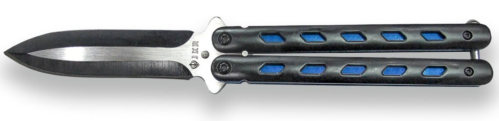 1203018 - COLTELLO BUTTERFLY CON INSERTI BLU SUL MANICO LAMA 9,5 CM - JKR509