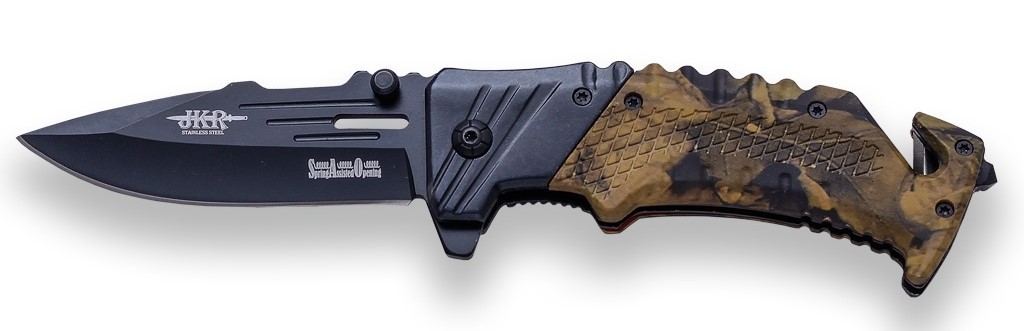 1203123 - COLTELLO DA SOCCORSO CON APERTURA ASSISTITA, LAMA DA 8,5 CM E MANICO CAMOUFLAGE - ROMPI IL VETRO E TAGLIARE LE CINGHIE. CON CLIP CINTURA - JKR0580