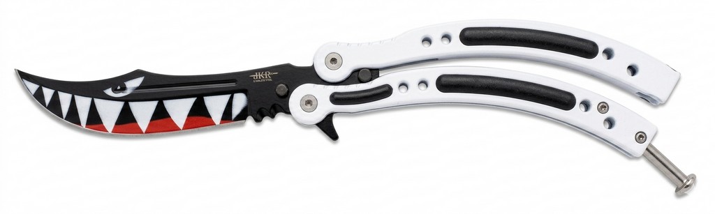 1203235 - COLTELLO BUTTERFLY PESCECANE CON LAMA E MANICO CURVI APERTURA C/PRESSIONE DEL PUGNO LAMA 10 CM COMPLETO DI FODERO NYLON - JKR586