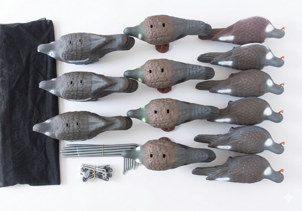 1713072 - KIT DI 22 COLOMBACCI (12 CONCHIGLIA - 4 BECCANTE - 6 TESTA ALTA) CON SACCA TRASPORTO ED ASTE - ART. PIGEON KIT