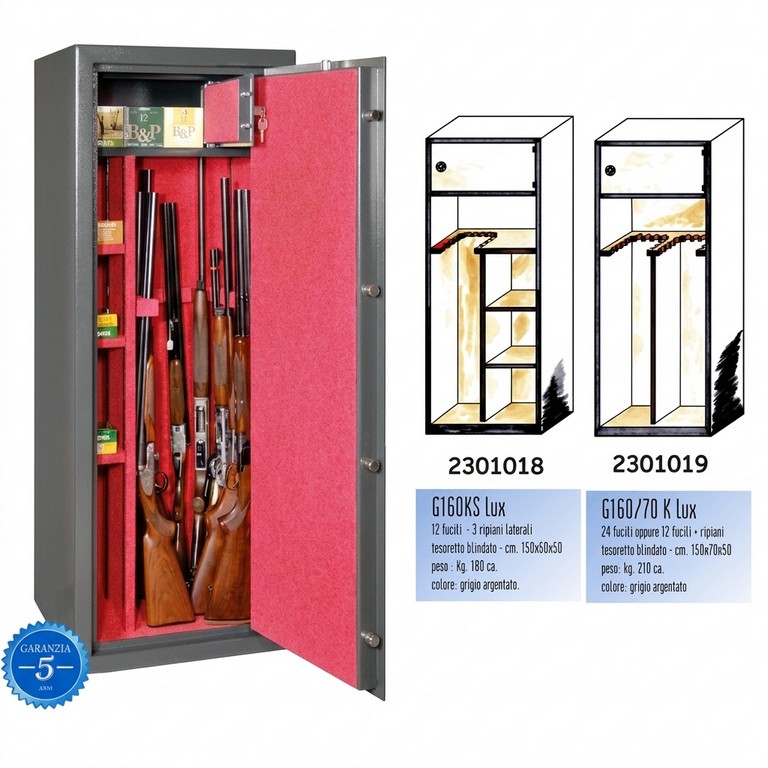 2301018 - CASSAFORTE/ARMADIO BLINDATO MOD. G160KS LUX - 12 POSTI FUCILI - CM 150X50X50 - COL. GRIGIO - KG 180 - C/TESORETTO RIPIANI LATERALI E MOQUETTE ROSSA INTERNA - GRIFFON