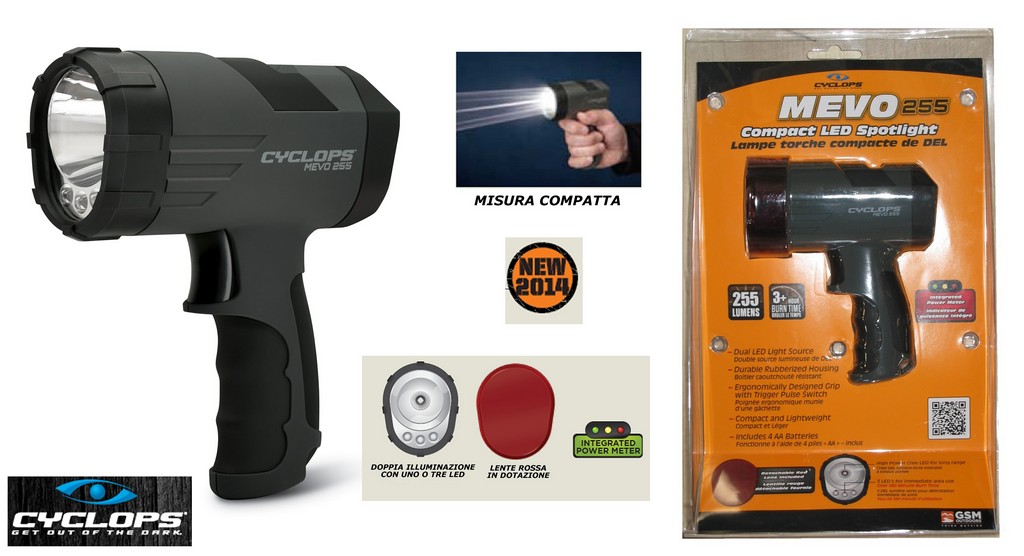 4201011 - LAMPADA MEVO 255 LUMENS - ALIMENTATO DA 4 BATTERIE AA - DOPPIA COLORAZIONE - FASCIO LUNGO BIANCO E 3 LED VERDI A CORTO RAGGIO - CYC-X255H - CYCLOPS