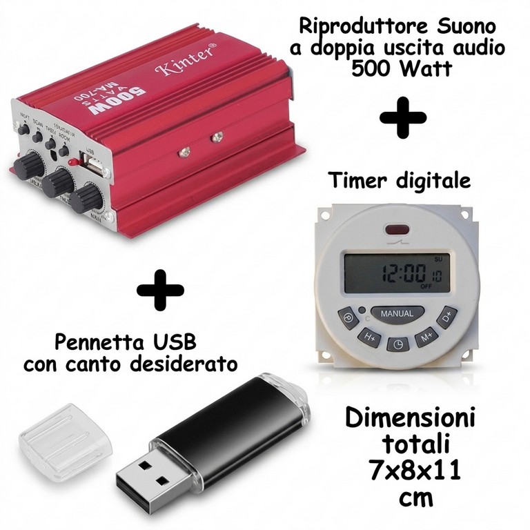 0801026 - RIPRODUTTORE DI SUONO DIGITALE (QUAGLIA - QUAGLIAIA) KINTER MA700 CON TIMER DIGITALE E PENNETTA USB COMPRESO DI COLLEGAMENTI