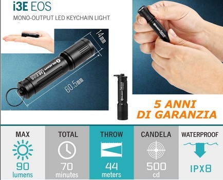 5501016 - MICRO-LAMPADA I3E-BK IN BLISTER - 90 LUMENS - BATTERIA AAA ALKALINE -  IMPERMEABILE - 60,5X14 MM - GARANZIA 5 ANNI - OLIGHT